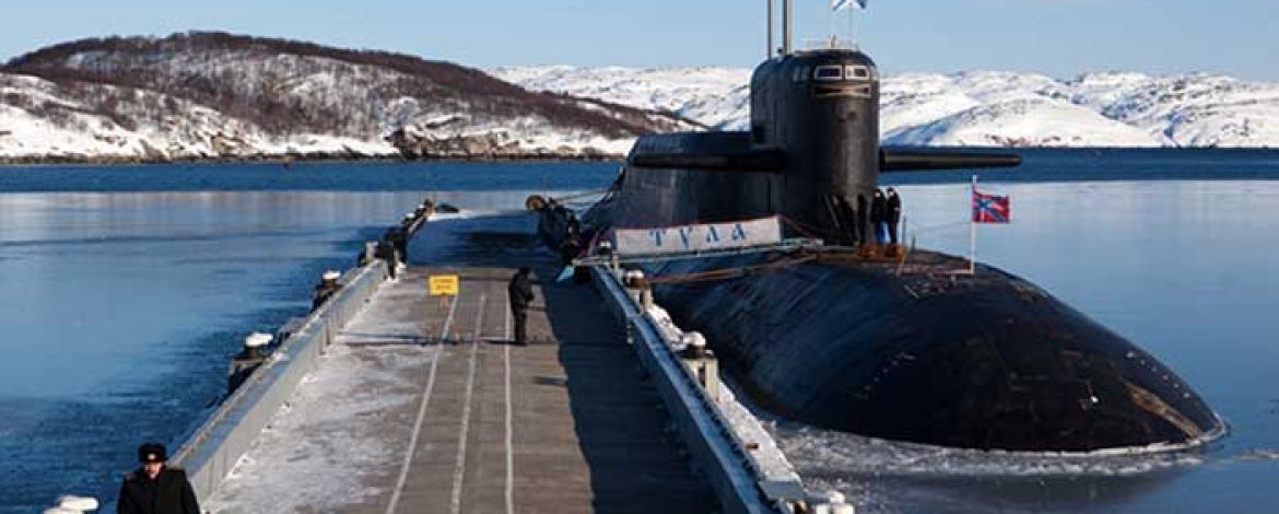 A decommissioned nuclear submarine moored in the Murmansk region